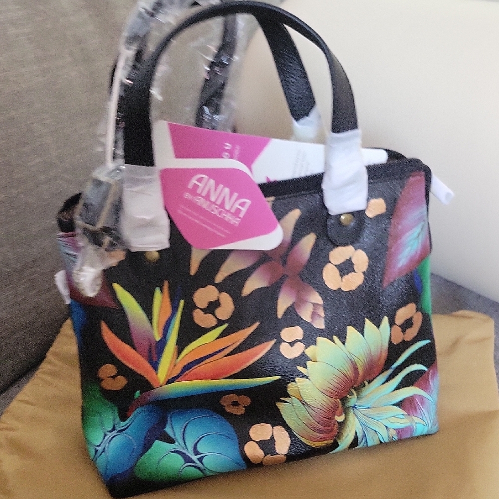 Anna  By Anuschka Black Floral Wo Black Floral Tote Bag with Tropical Design